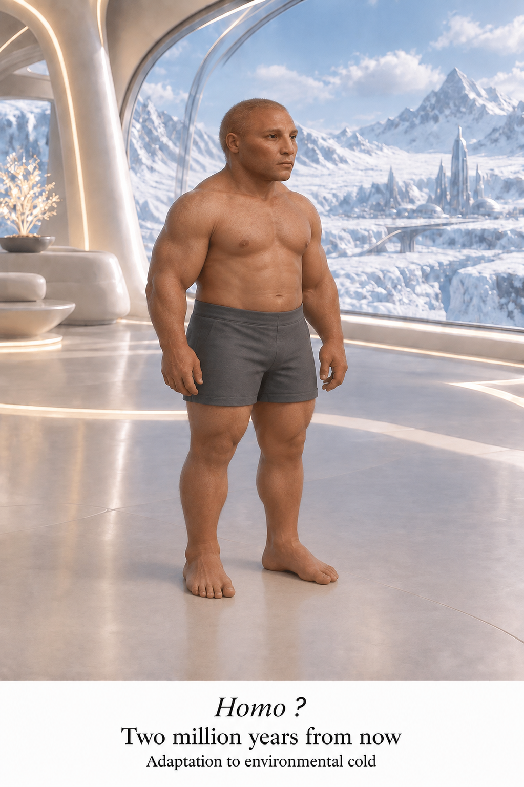 Speculative future human with a compact, stocky build adapted to a cold environment