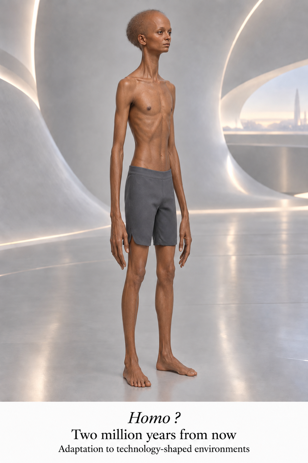 Speculative future human with a lean build, long hands, and small facial features in a dense technological city