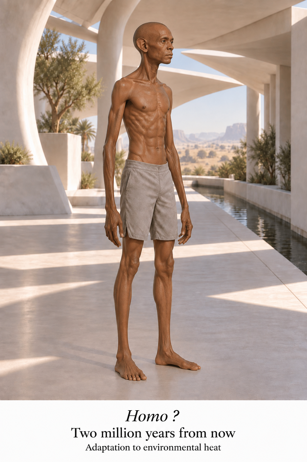 Speculative future human with a lean, long-limbed build and large ears in a hot environment
