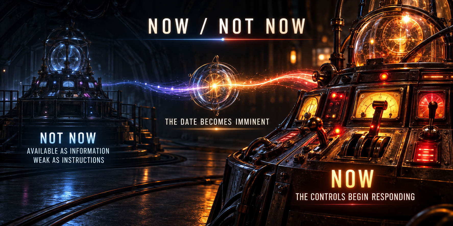 A split time-machine control room: the dim Not Now side holds a future obligation as information, while the bright Now side responds as the date becomes imminent.