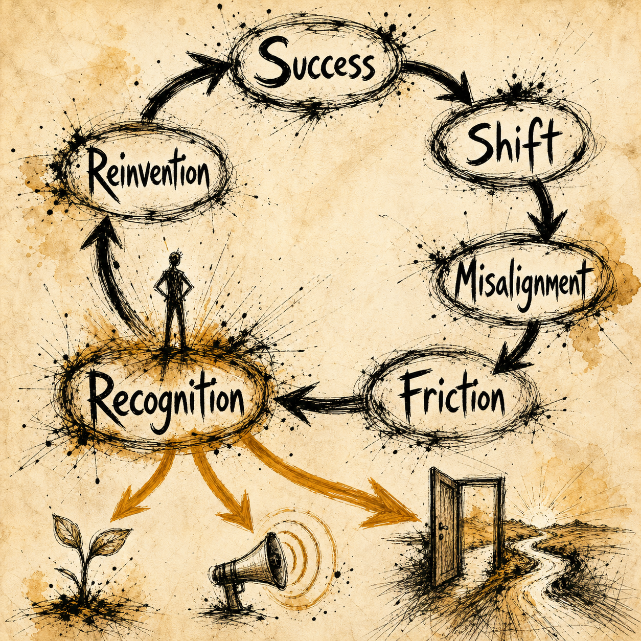 Gonzo ink diagram of Bill Reilly's six-stage Reinvention Cycle, with Recognition as the point where a person can choose a new direction.