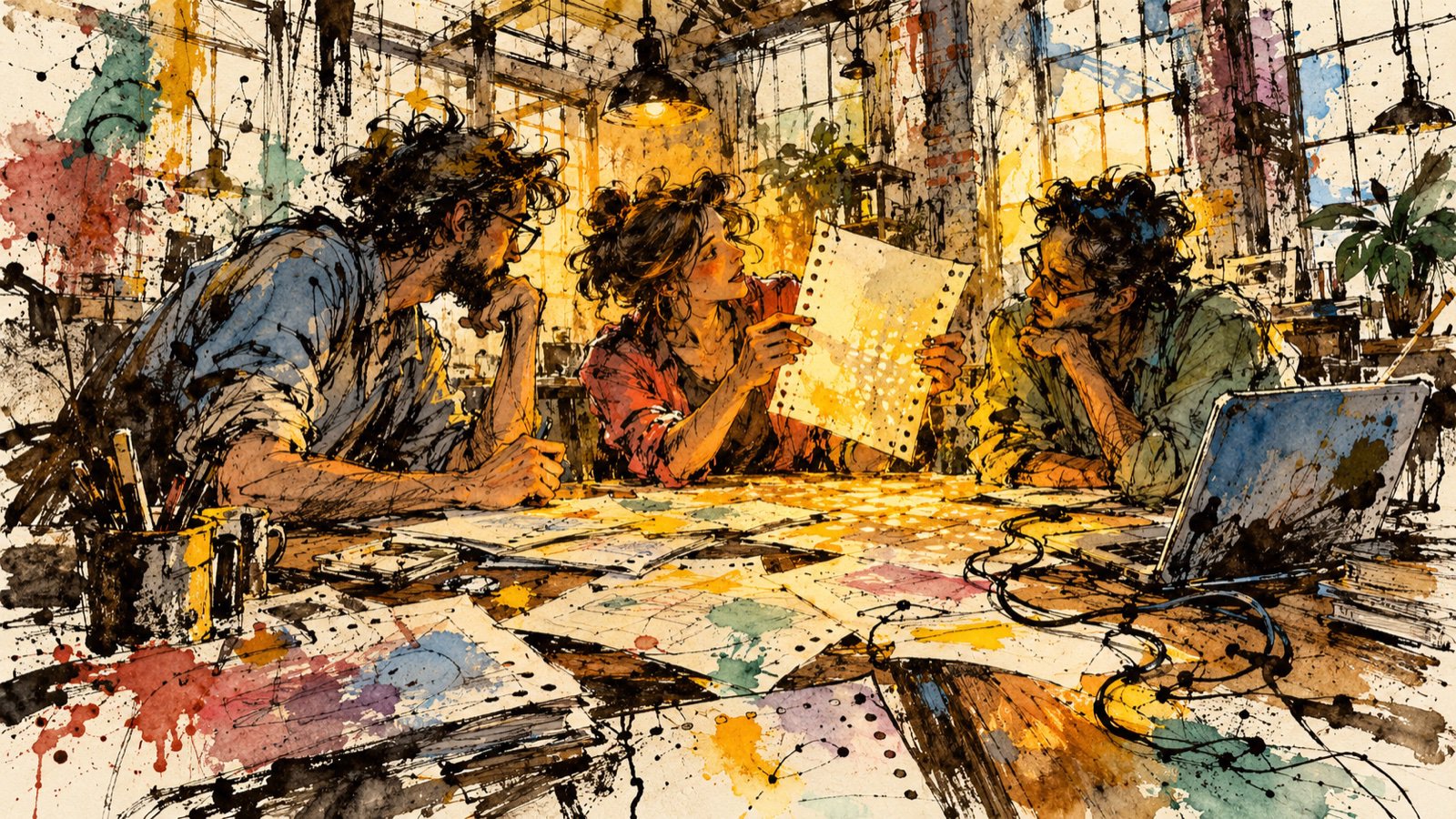 Three colleagues examine holes in a proposal around an amber-lit worktable, with a laptop to one side, in an ink-and-watercolor illustration.