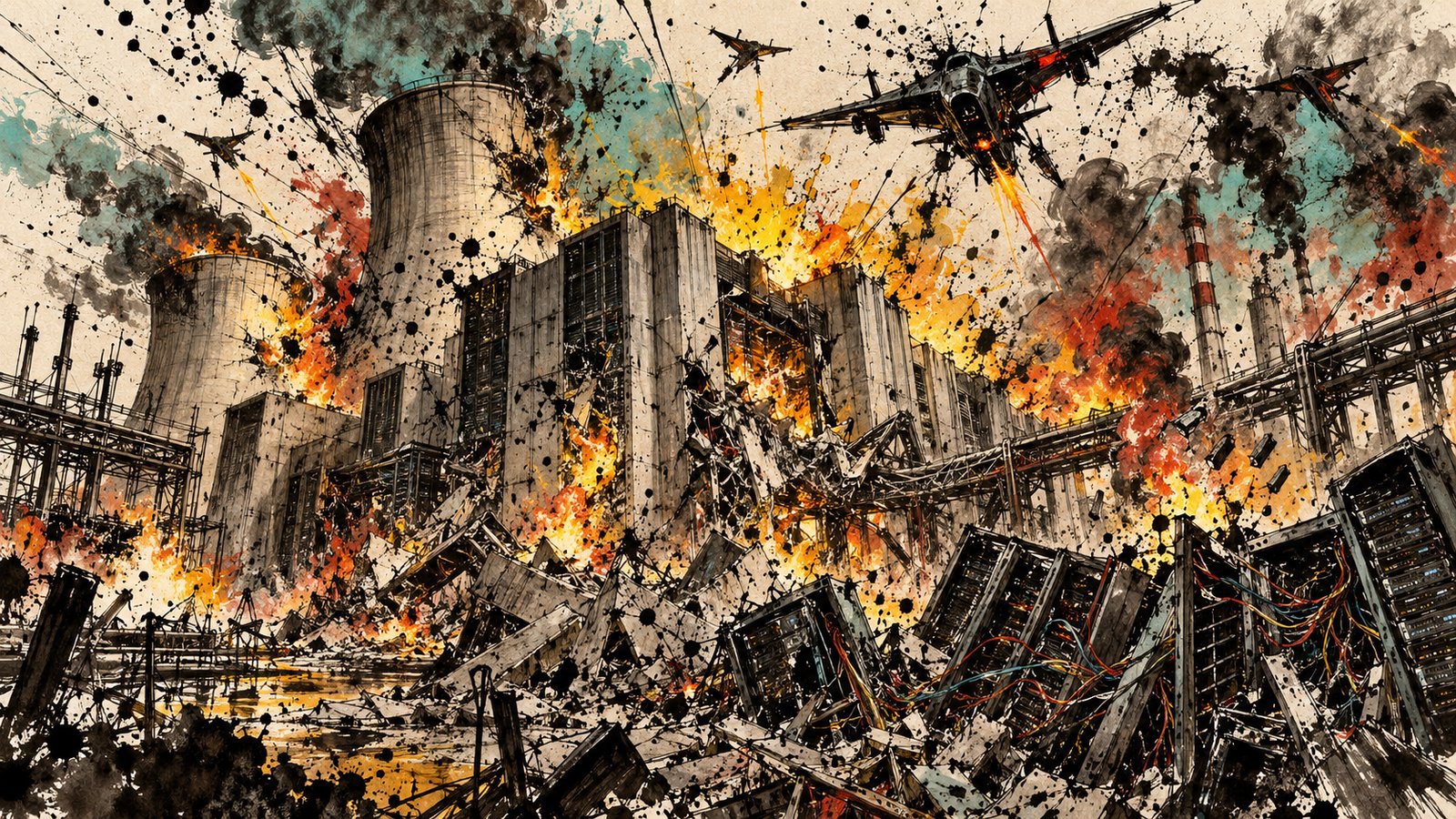 Original AI-generated illustration for this article. A brutalist data center complex erupts in fiery amber explosions under aerial drone attack, with shattered server racks and flying ink splatters in a chaotic gonzo illustration.