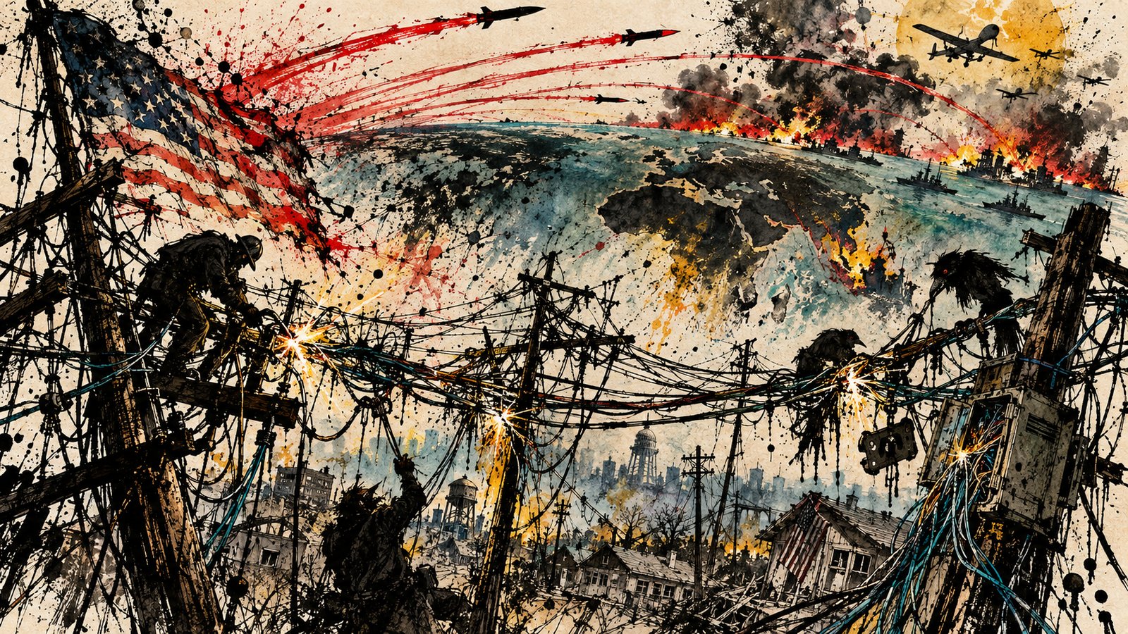 Gonzo illustration of distant military strikes arcing over the horizon while domestic utility poles, power lines, and fiber cables spark and fray under tension in the foreground