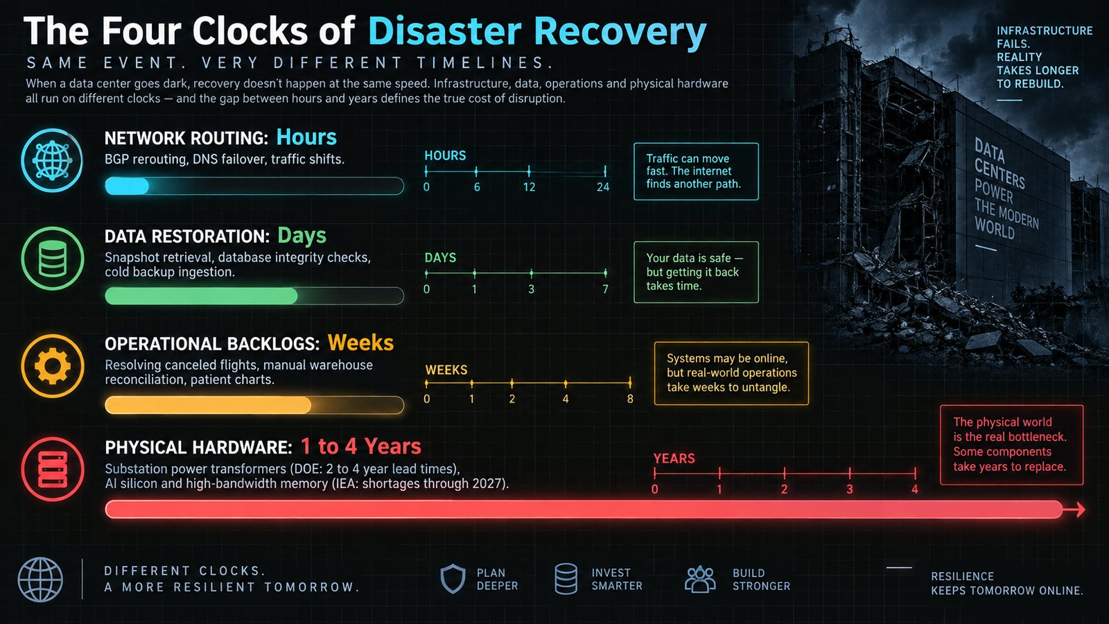 Editorial data infographic comparing the four clocks of disaster recovery: network routing in hours, data restoration in days, operational backlogs in weeks, and physical hardware in one to four years