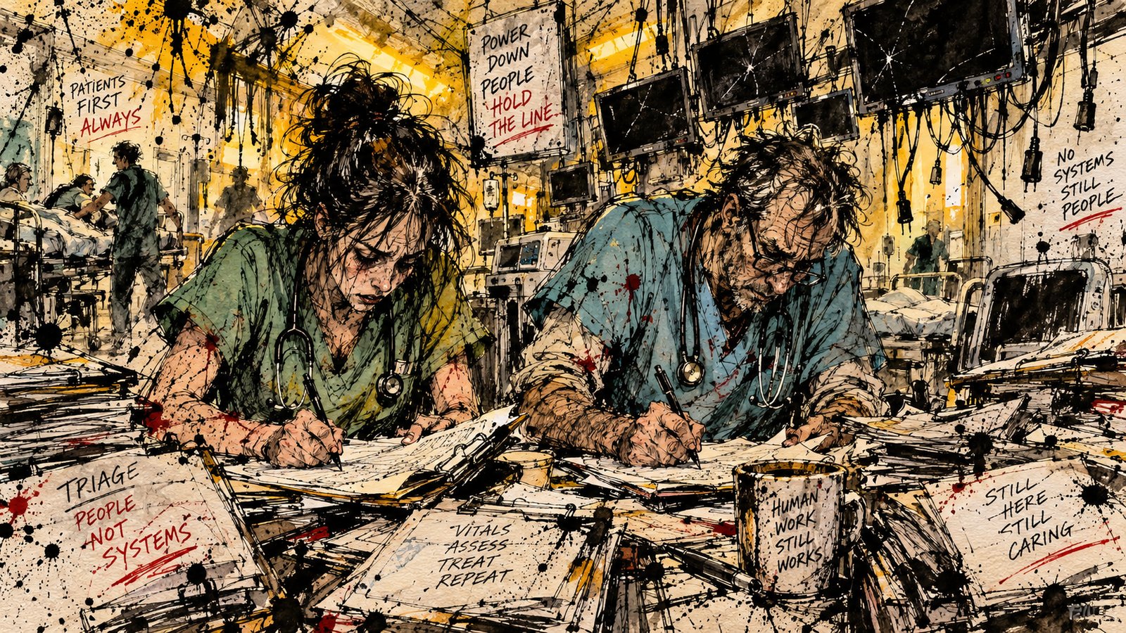 Hospital medical staff in scrubs writing patient charts on paper clipboards by the amber glow of emergency lamps while computer screens behind them sit dark