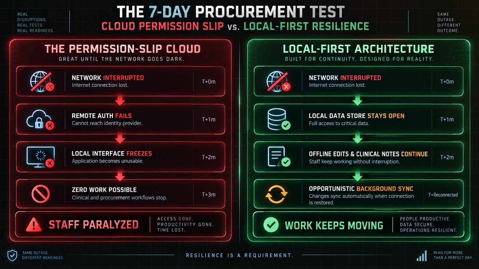 Editorial comparison infographic contrasting the permission-slip cloud model where remote outages paralyze work against local-first architecture where data remains local and operations continue