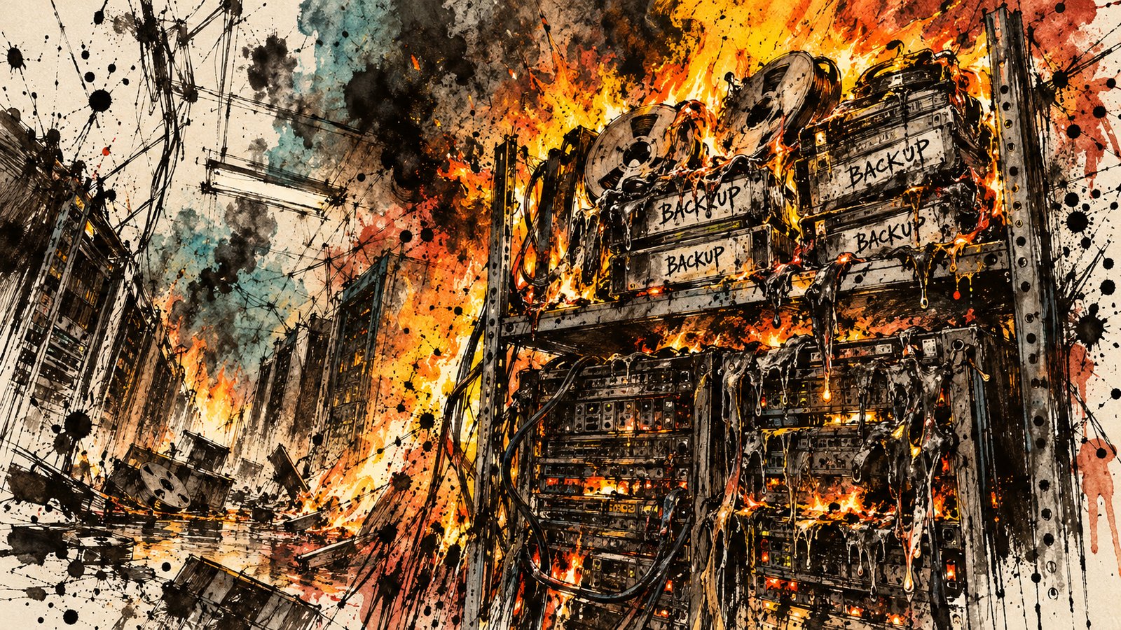 A burning data center server rack with backup tapes and drives melting on an upper shelf in a chaotic gonzo illustration