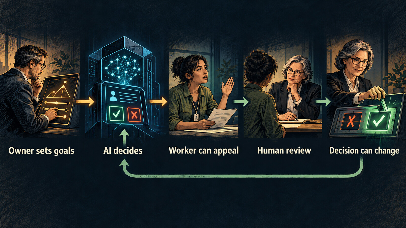 A proposed accountability path: Owner sets goals, AI decides, Worker can appeal, Human review, and Decision can change, with a feedback arrow returning to the AI.