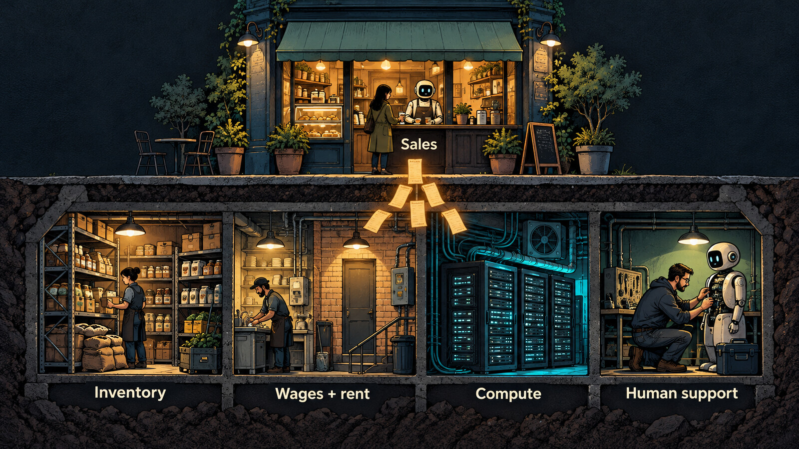 A conceptual café cutaway places Sales above four supporting rooms labeled Inventory, Wages + rent, Compute, and Human support.