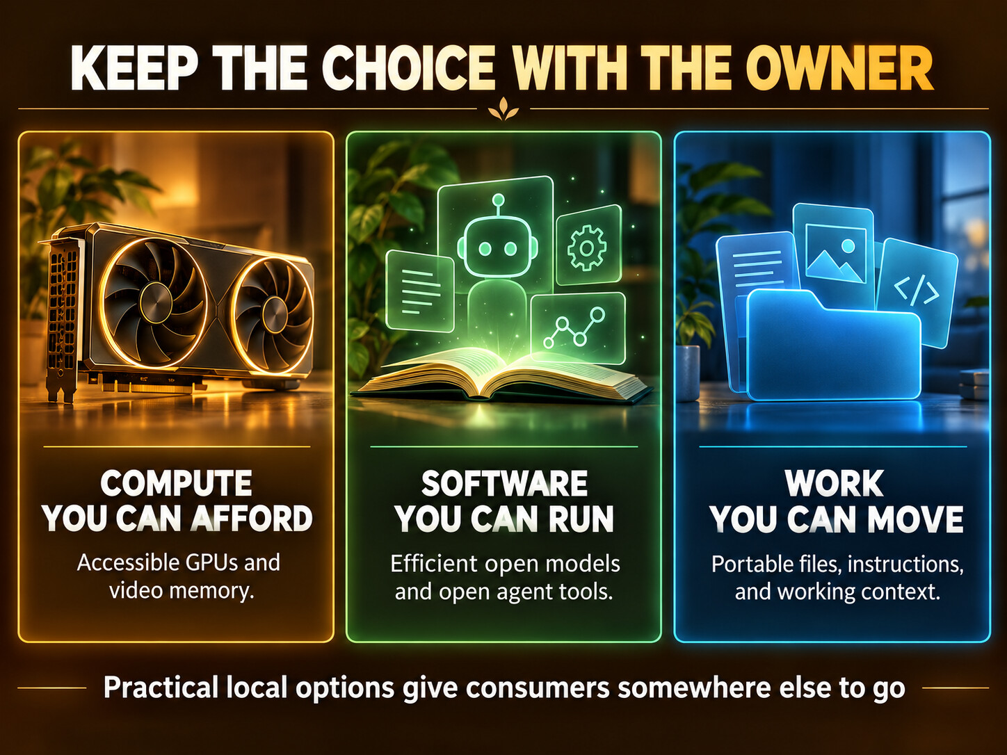 Consumer sovereignty needs affordable compute, open models and agent tools you can run, and portable files, instructions, and working context.