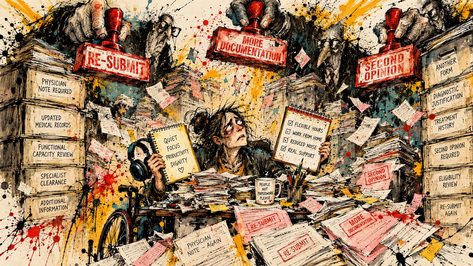 A gonzo illustration of a weary disabled worker holding simple accommodation signs while giant bureaucratic hands loom overhead with heavy red rubber stamps demanding more documentation and second opinions.