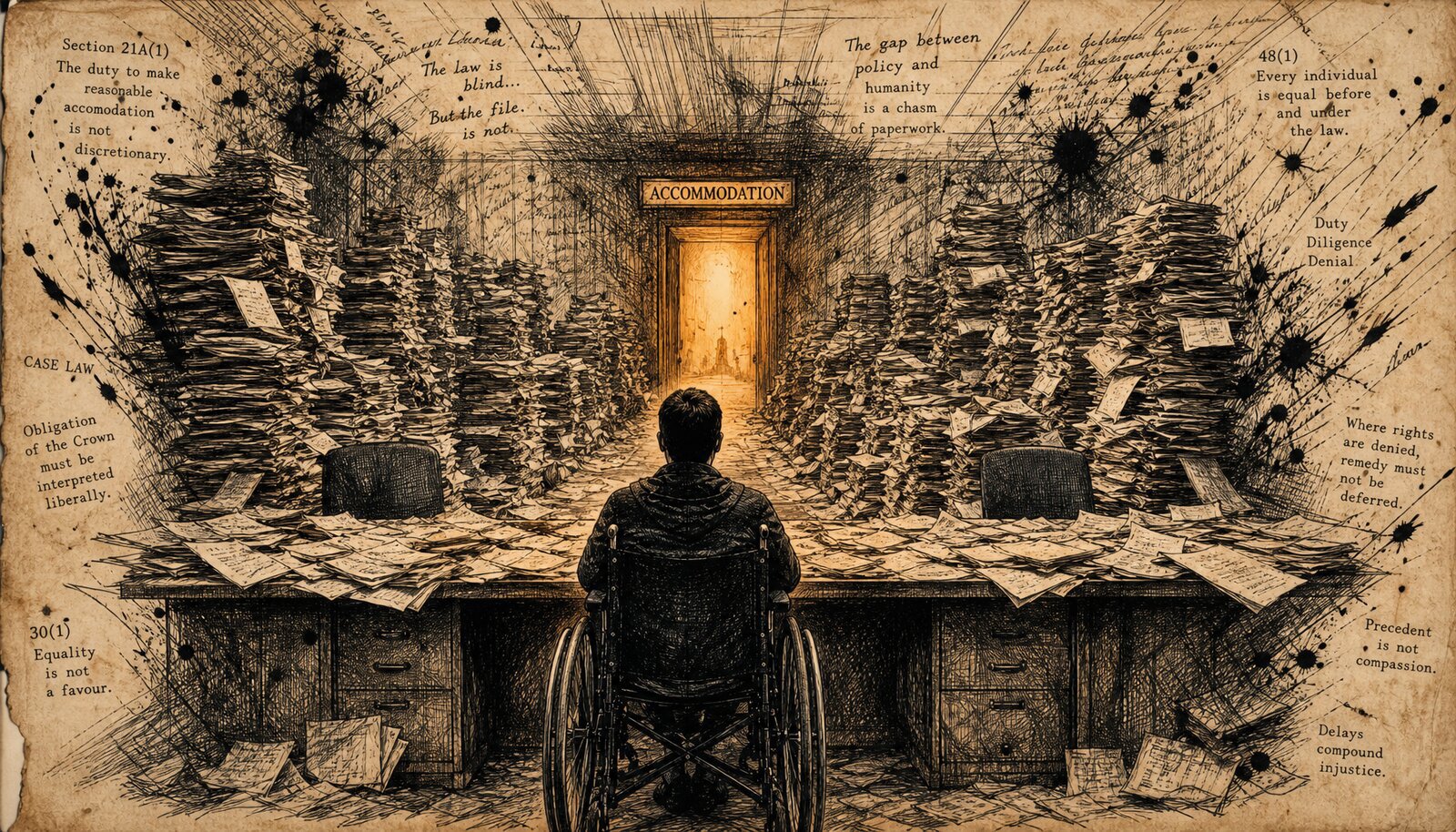 Cover Image A disabled professional in a wheelchair sits facing a massive wall of legal case files, manila folders, and bureaucratic red tape before an illuminated doorway marked Accommodation, rendered in chaotic gonzo dip-pen ink with amber accents.