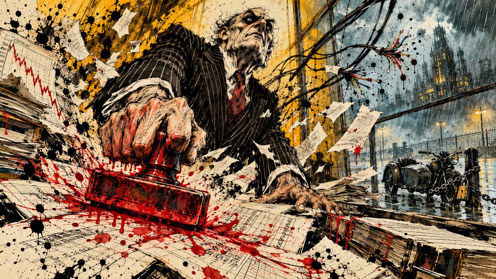 A predatory banker in a suit violently slamming a red-ink cancellation stamp onto commercial credit contracts as financial paperwork and severed cables fly through the air, while outside a lone sidecar motorcycle sits chained in the rain