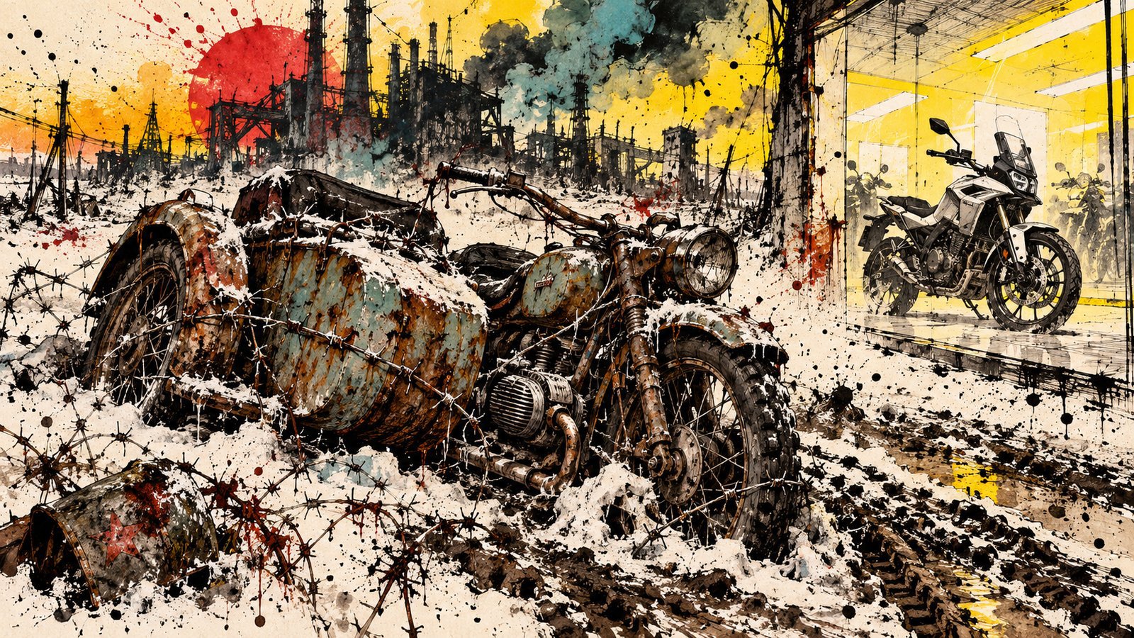 Original AI-generated illustration for this article. A classic rusted boxer-twin sidecar motorcycle abandoned in deep snow and barbed wire on the left, contrasted against a sterile modern commuter bike in a brightly lit showroom on the right in a chaotic gonzo ink illustration.