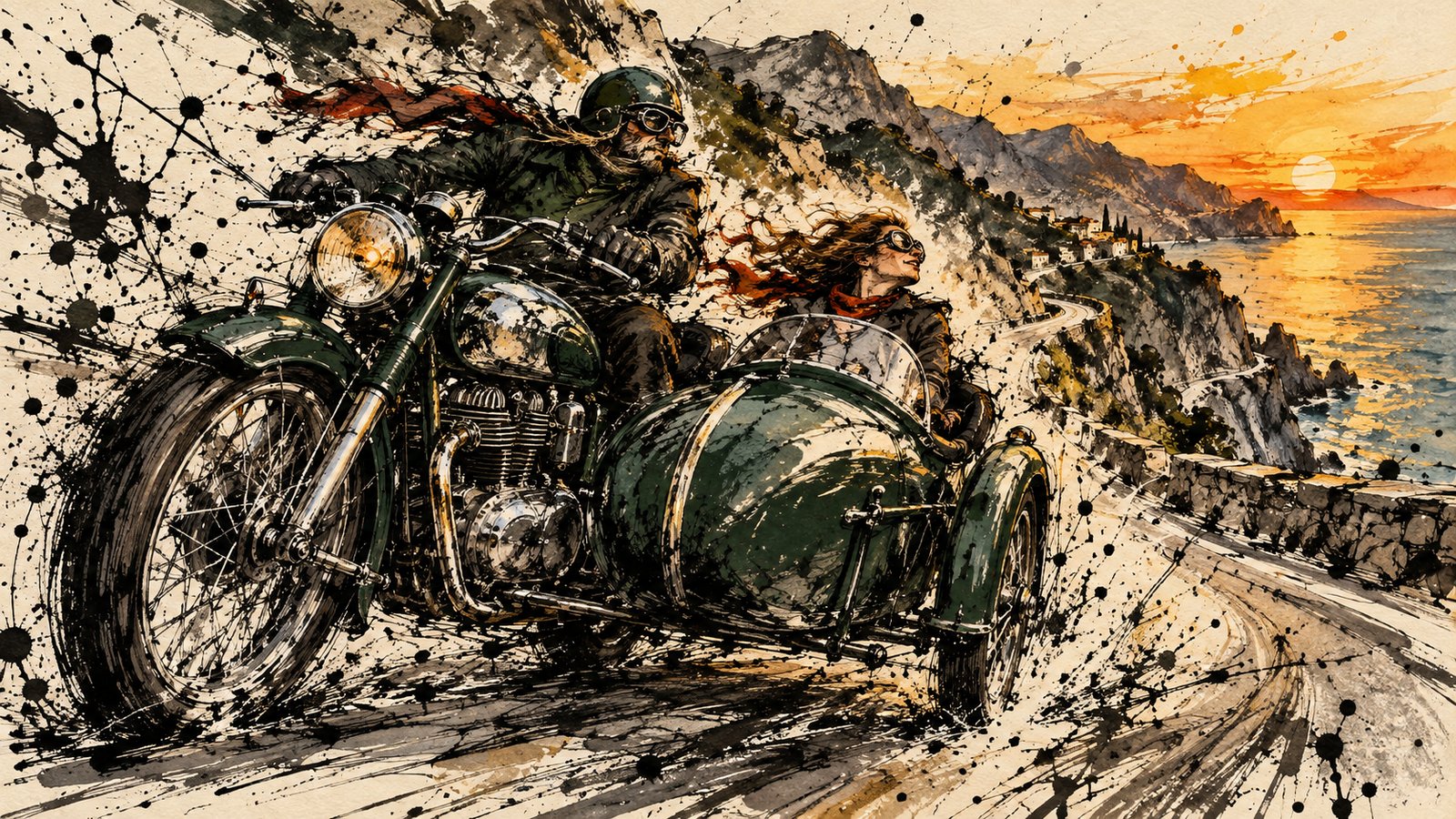 A handsome British racing green twin motorcycle with polished chrome engine fins and wire wheels hitched to a vintage steel sidecar carving along a mountain coastal road