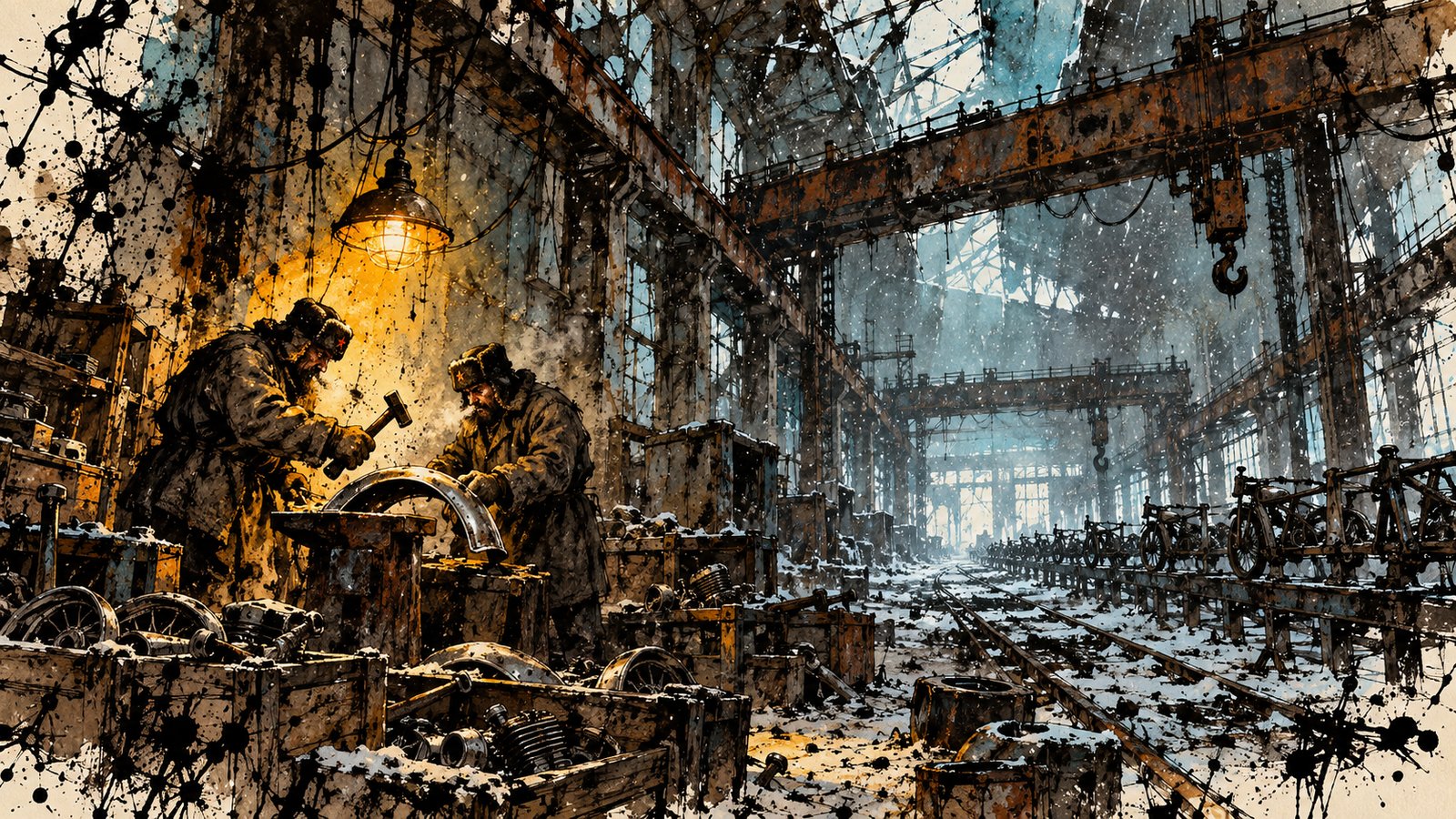 Two lone Russian factory workers in heavy coats and fur hats working beneath a single hanging bulb in a cavernous, empty, freezing Siberian motorcycle plant