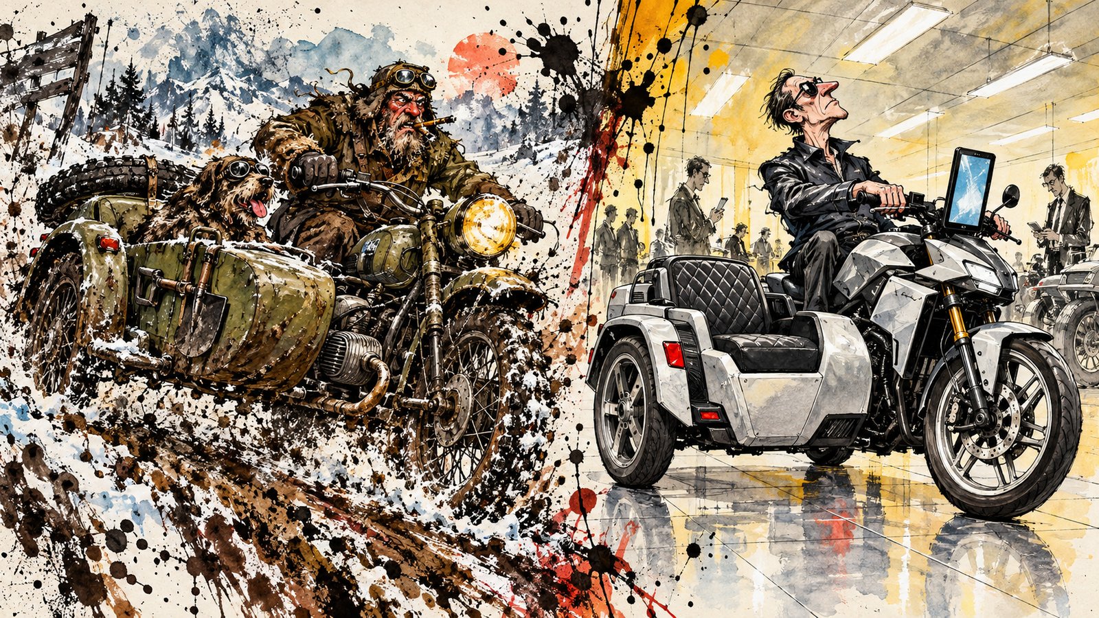A split satirical gonzo illustration contrasting two complete sidecar outfits: a rugged classic boxer sidecar rig with a dog in goggles tearing through mud on the left, against a sterile, high-tech modern commuter sidecar rig with a tablet screen in a bright showroom on the right