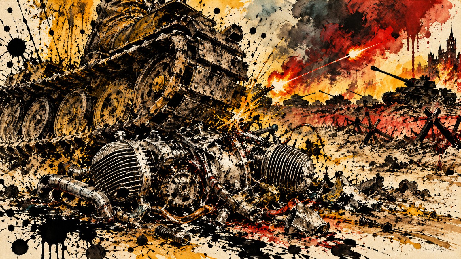 A classic motorcycle boxer engine and gears crushed beneath the heavy treads of an imperial military tank amid dark smoke, amber fire, and black ink splatters