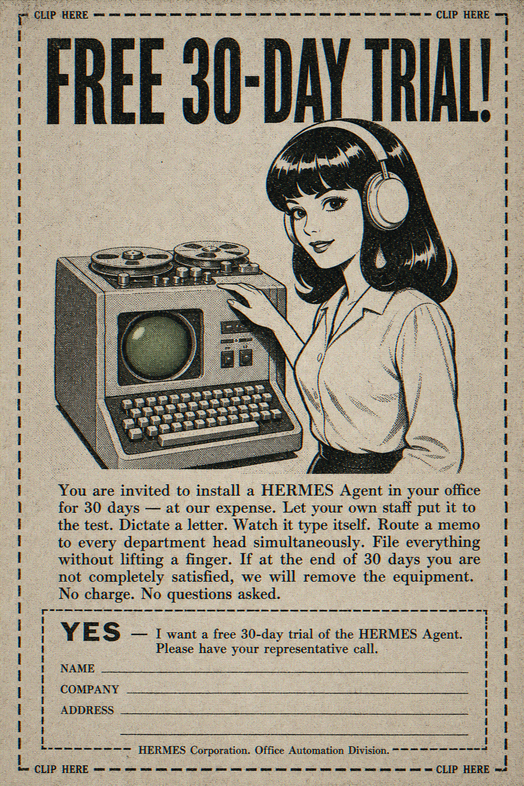 A retro print advertisement for the HERMES Agent office automation system