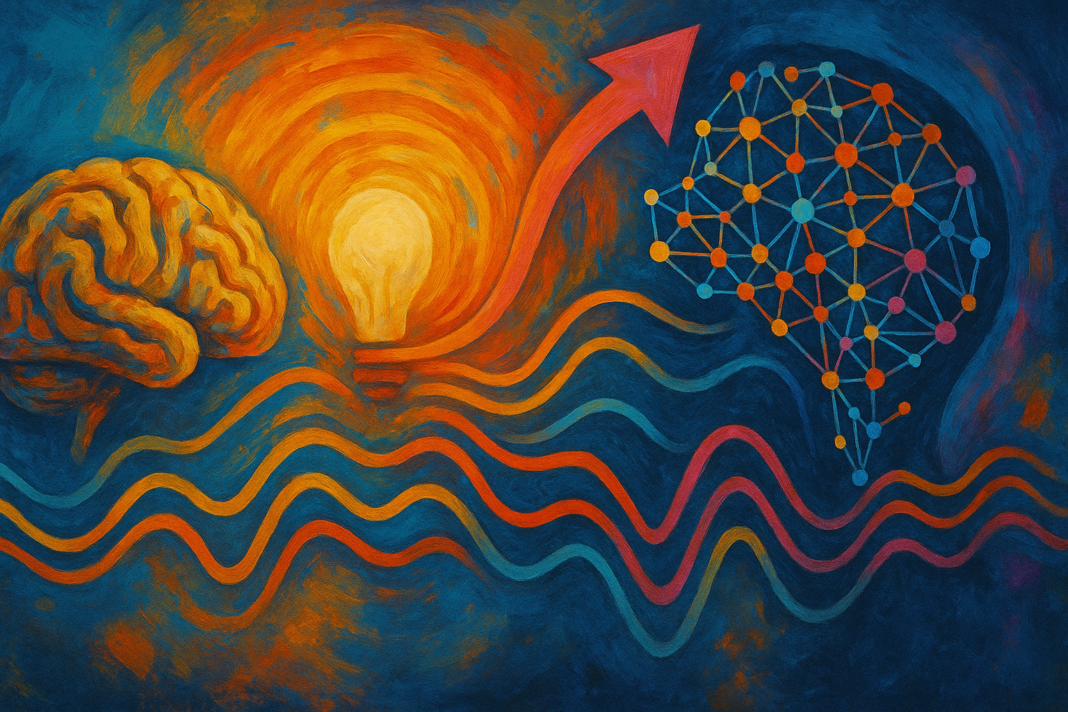 Abstract image of a human brain, glowing lightbulb, and neural network interconnected by colorful wave lines, symbolizing the fusion of creativity, meaning, and artificial intelligence.