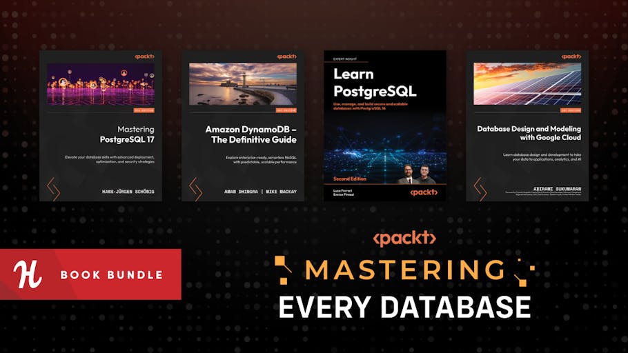 Promotional art for the Humble Tech Book Bundle: Mastering Every Database by Packt bundle.